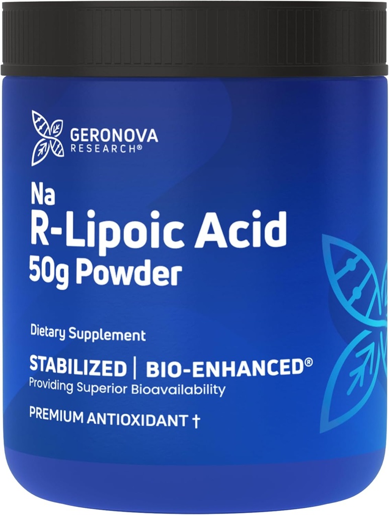 Geronova Research Bio-Enhanced Na R-Lipoic Acid Powder, 50g - 4 maanden Supply - Stabilized R Alpha Lipoic Acid Powder for Flexible Dose - Easy Mixing & Enhanced Absorptie Nerve Support Supplement