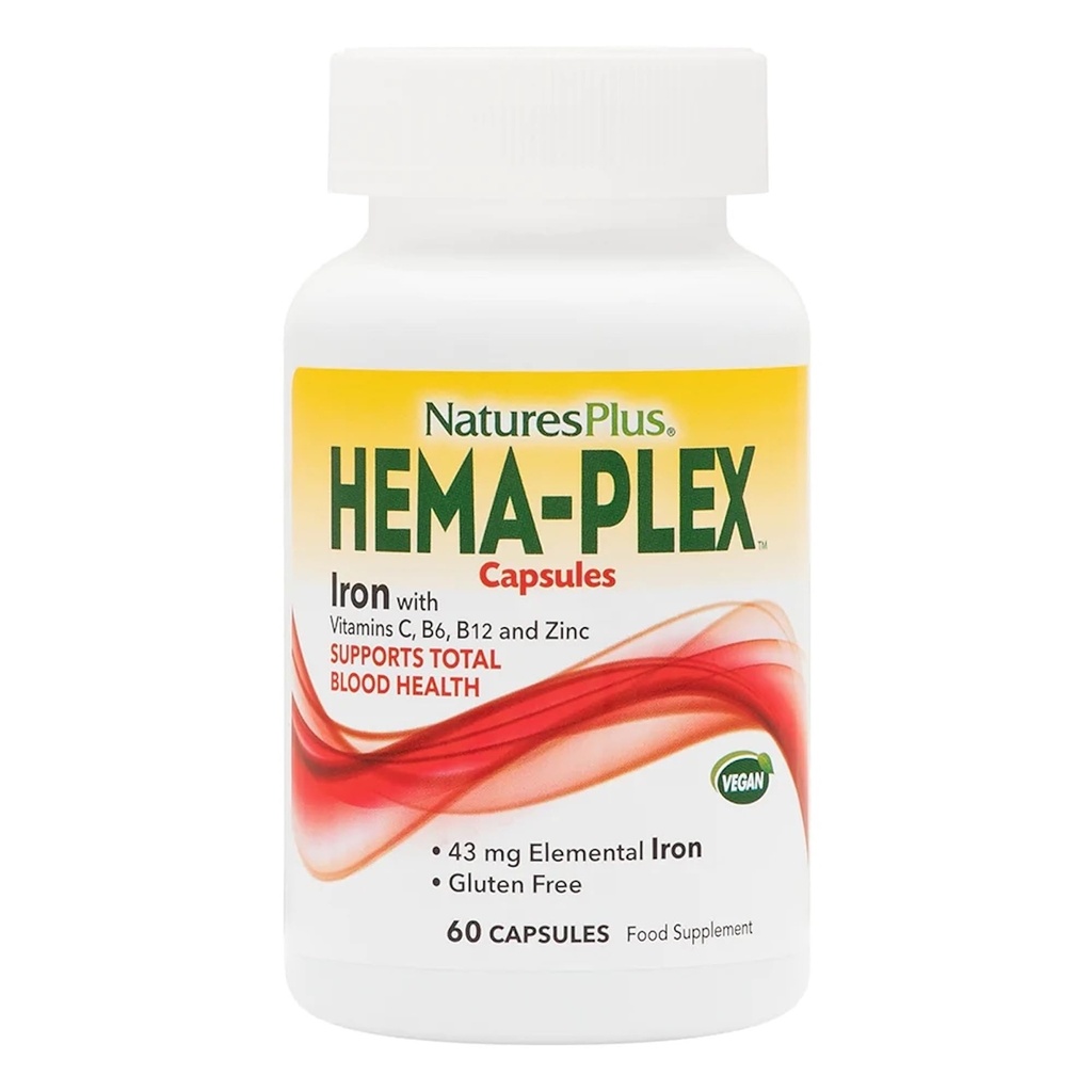 NaturesPlus Hema-Plex ijzer - 60 snelwerkende capsules - 85 mg gecheleerd ijzer - totale bloedgezondheid - met vitamine C & bioflavonoïden - veganistisch, glutenvrij - 30 porties