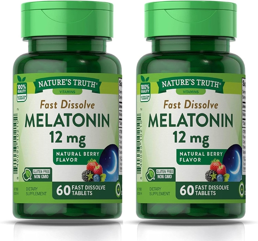 La vérité de la nature Mélatonine 12 mg, saveur de baie naturelle, 60 comte, multi (paquet de 2)