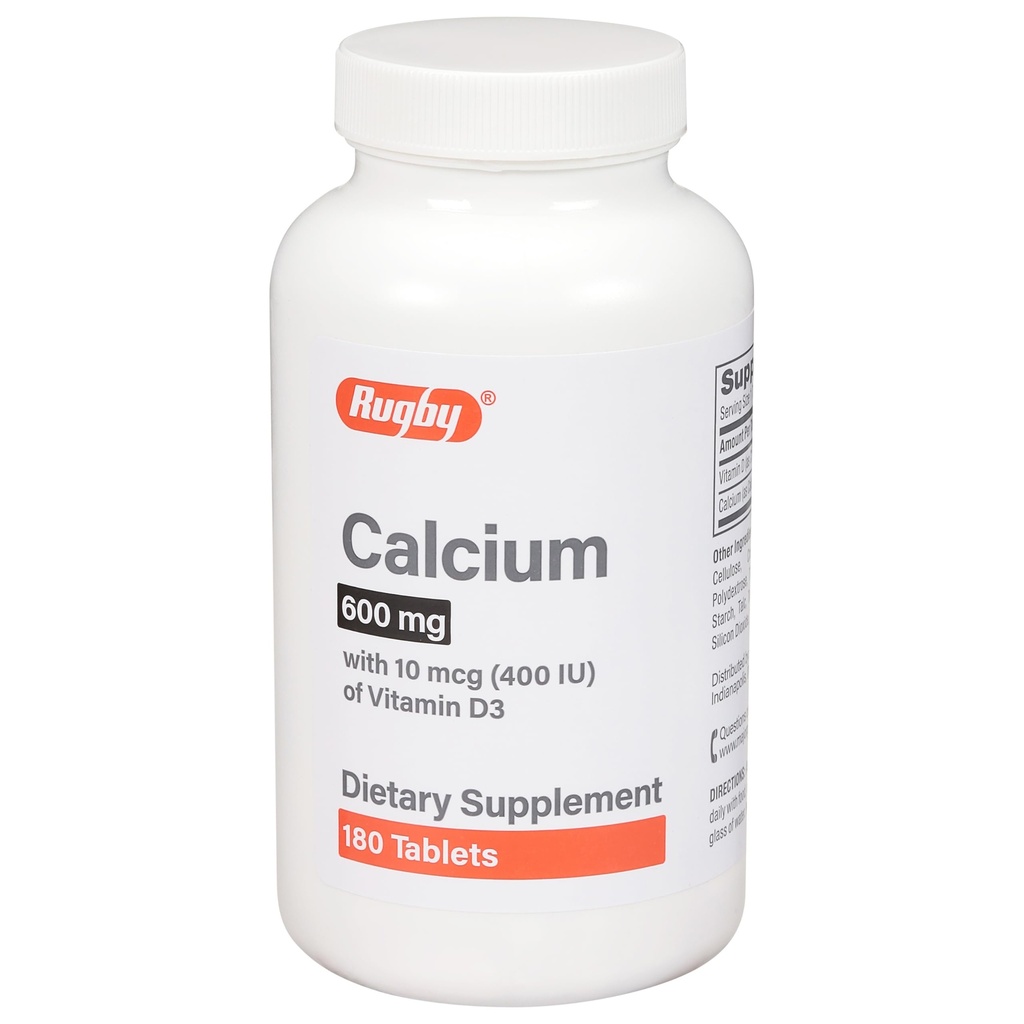 Rugby 600mg Comprimés de calcium - Fait avec 10mcg (400UI) de vitamine D3 - Supplément alimentaire - 180 Compte (1 paquet)