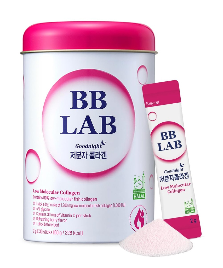 BB LAB Good Night Low Molecular Collageen Powder Stick Supplement, Halal Certified, Korean Marine Collageen, Fish Collageen Peptiden, Vitamine C, Glycine, Fast Absorptie, Mix Berry Flavor