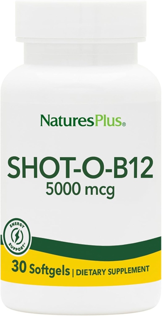 Natures Plus Shot-O-B12 (Cyanocobalamine) - 5000 mcg, 30 Softgels - High Potency, Fast Acting B12 Supplement - Memory & Energy Booster - Glutenvrije - 30 porties