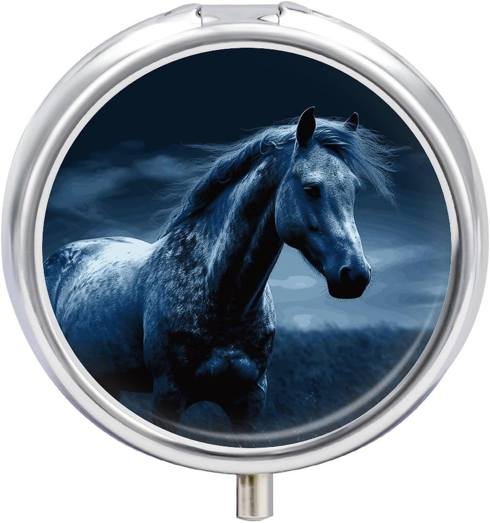 Blue Horse Pill Box 3 Compartiment Ronde kleine pil Case Travel Pillbox voor Purse Pocket Metaal Geneeskunde Organisator Portable Pill Container houder om vitamines Medicatie Visolie en supplementen te houden