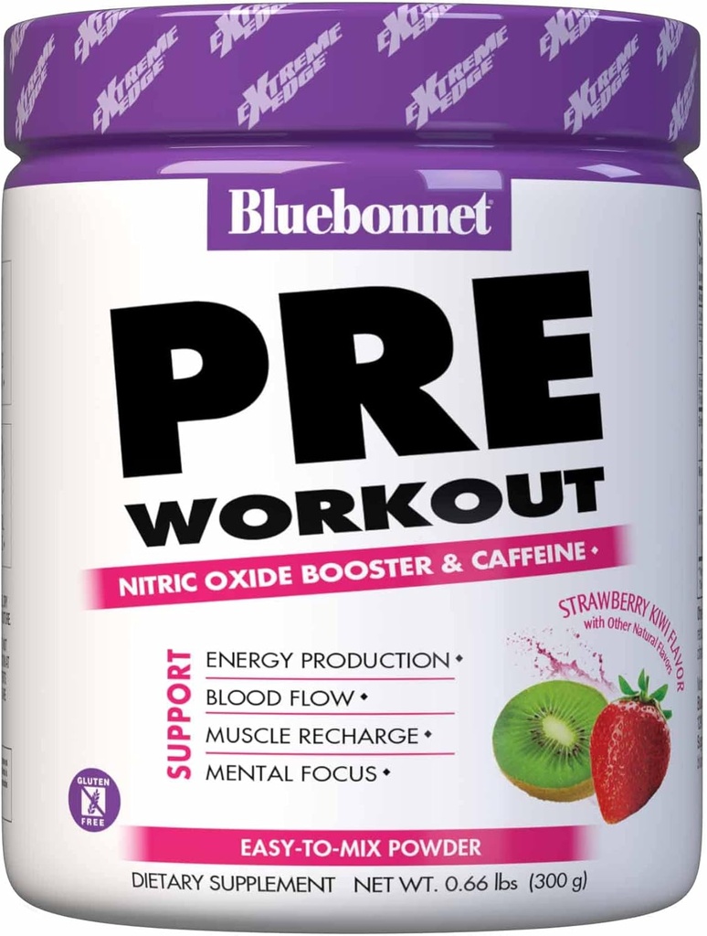 Bluebonnet Nutrition Extreme Edge Pre Workout, Formule de recharge musculaire*, Augmente les niveaux d'oxyde nitrique (NO)*, Sans soja, Sans lait, Kiwi fraise, 30 portions, 10.56 Ounce