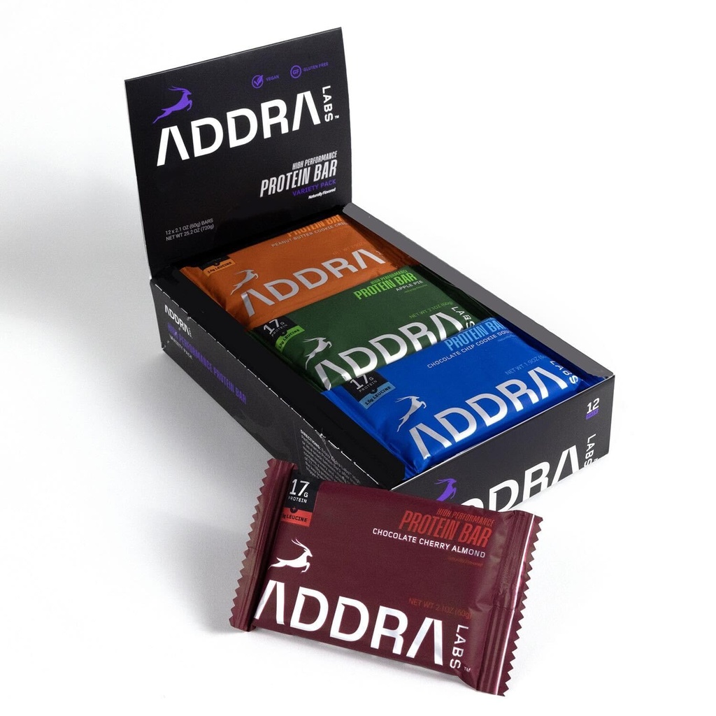 ADDRA Protein Bars - Glutenvrije, high-protein Muscle Recovery Bars for Runners, 17g Protein + 1.5g BCAA Leucine, Low Sugar, Vegan, Plant-Based, & Dairy Flavors, Mixed Case Variety Pack, 12-Pack