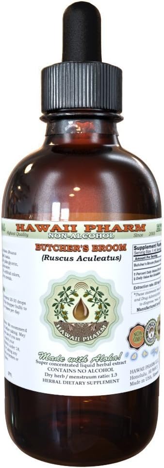 Extrait liquide sans alcool de boucherie, Broom de boucherie biologique (Ruscus aculeatus) Glycérite séchée à la racine Hawaii Pharm supplément naturel à base de plantes 4 oz