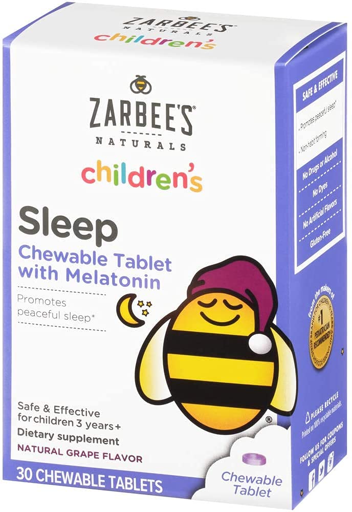 Zarbee's Kids 1mg Melatonine Kauwtablet, Drugvrije & effectieve slaapsupplement, Makkelijk te nemen natuurlijke druivensmaak tabletten voor kinderen leeftijden 3 en ouder, 30 Tellen
