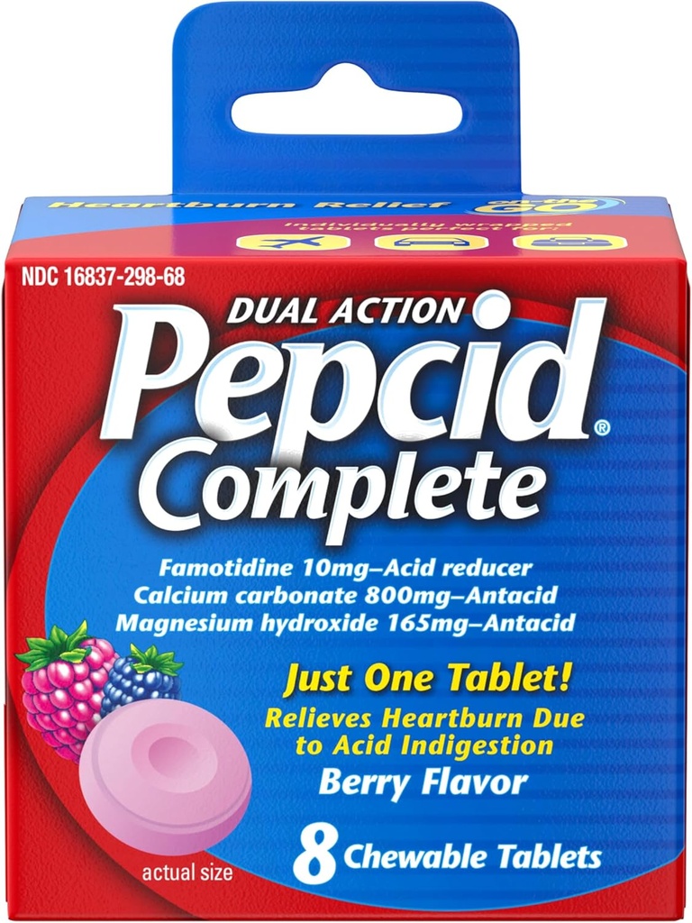 Pepcid Complete Acid Reducer + Antacida voor Acid Reflux, 10mg Famotidine, 800mg Calcium Carbonaat & 165mg Magnesiumhydroxide per Heartburn Medicine Tablet, Antacida Kauwgom, Berry, 8 ie