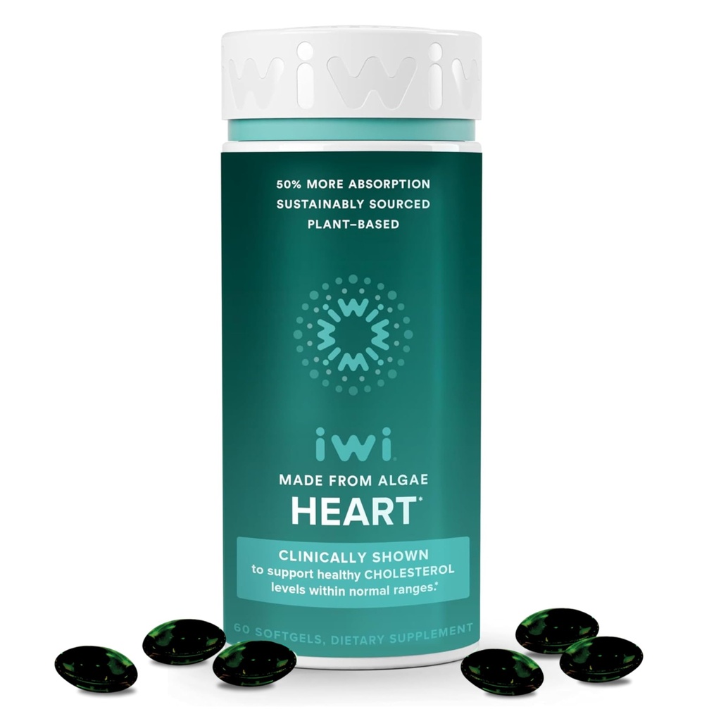 Iwi Life Heart Omega-3, 60 Softgels (30 porties), Vegan Plant Based Algen Omega vetzuren + EPA, Hartgezondheidsondersteuning Dieetsupplement, Krill & Fish Oil Alternatief, Geen Fishy Aftersmaak
