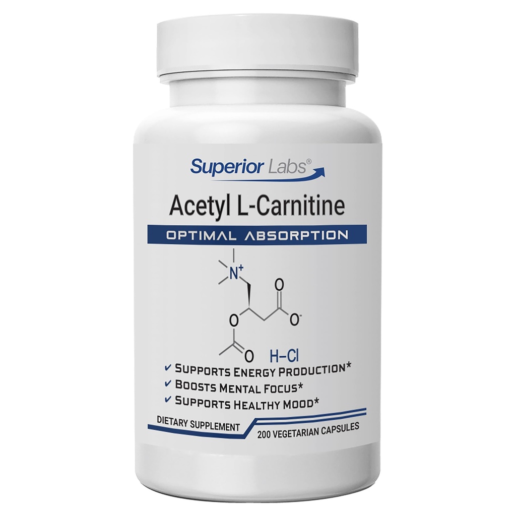 Superior Labs Acetyl L-Carnitine 500 mg, High Potency ALCAR, Pure Non-GMO, Zero Synthetic Additives, Maximale Absorptie, Energie & Fat Metabolisme, Hersenen, Zenuw & Cellular Detox Support, (200 Veg Caps)