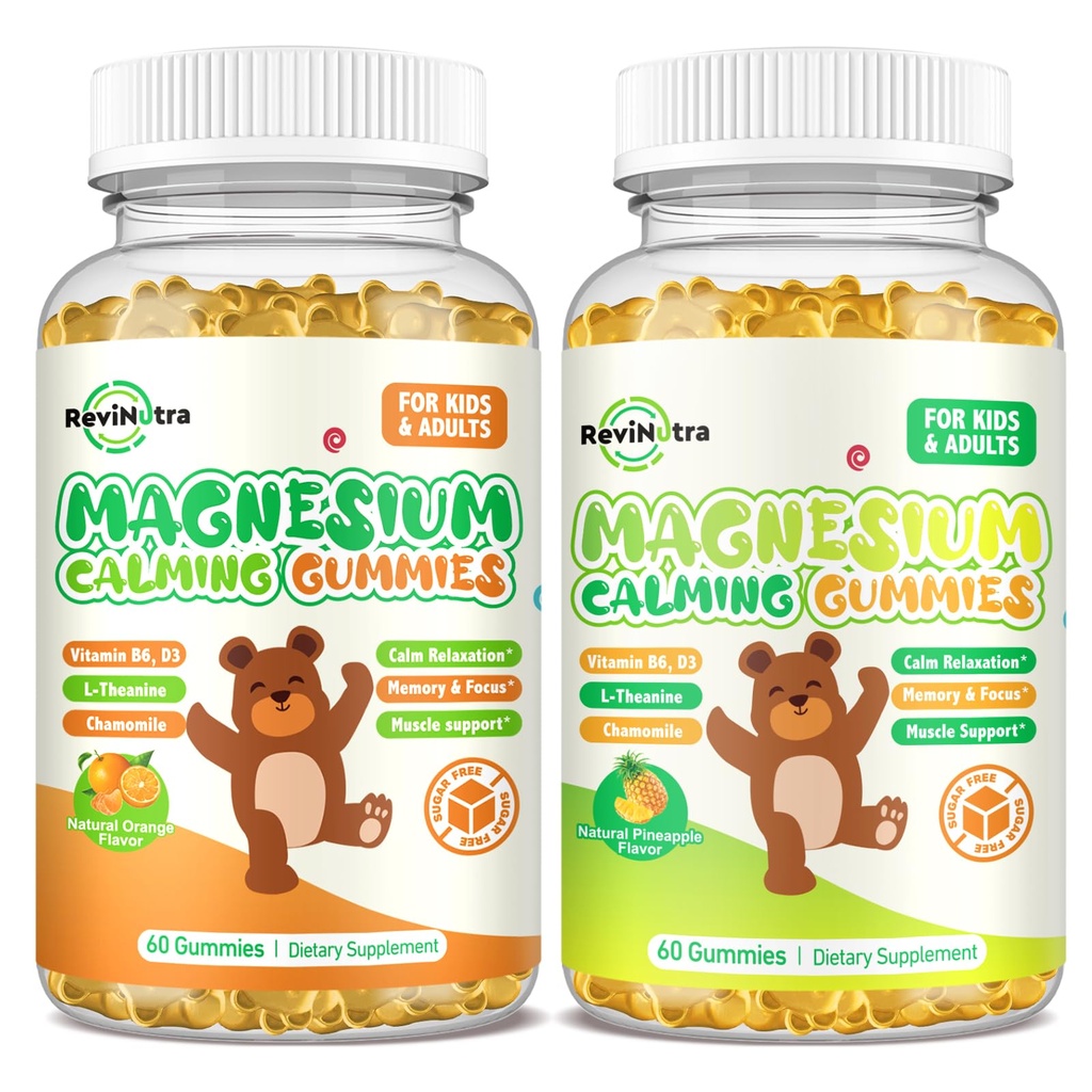 Gommies de magnésium pour enfants - Supplément de magnésium glyciné avec L-Theanine, vitamine B6, D3 pour adultes et enfants, Magnésium calme pour le sommeil, relaxation, cerveau, os, orange et ananas