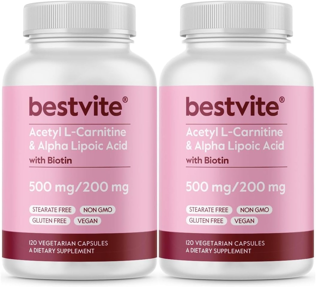 BESTVITE Acetyl-L-Carnitine 500 mg & Alpha Lipoïnezuur 200 mg per capsule met Biotine (240 Vegetarische Capsules) (120 x 2) - No Stearates - Vegan - Non GMO - Glutenvrij