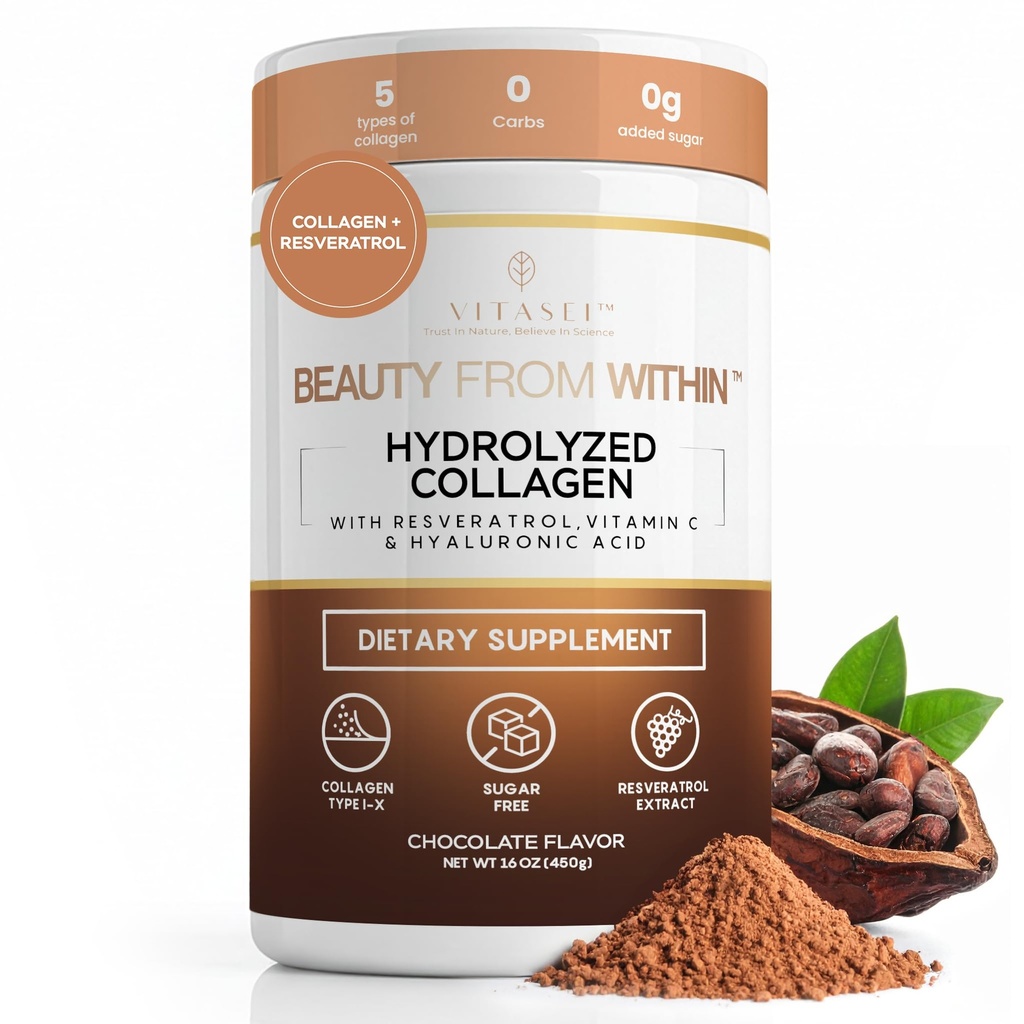 Gehydrolyseerde collagen Peptides Powder with Vitamin C & Resveratrol - Hair, Skin and Nails Vitamins for Women & Men - Bone and Joint Supplement - Chocolate Flavored - 16 oz