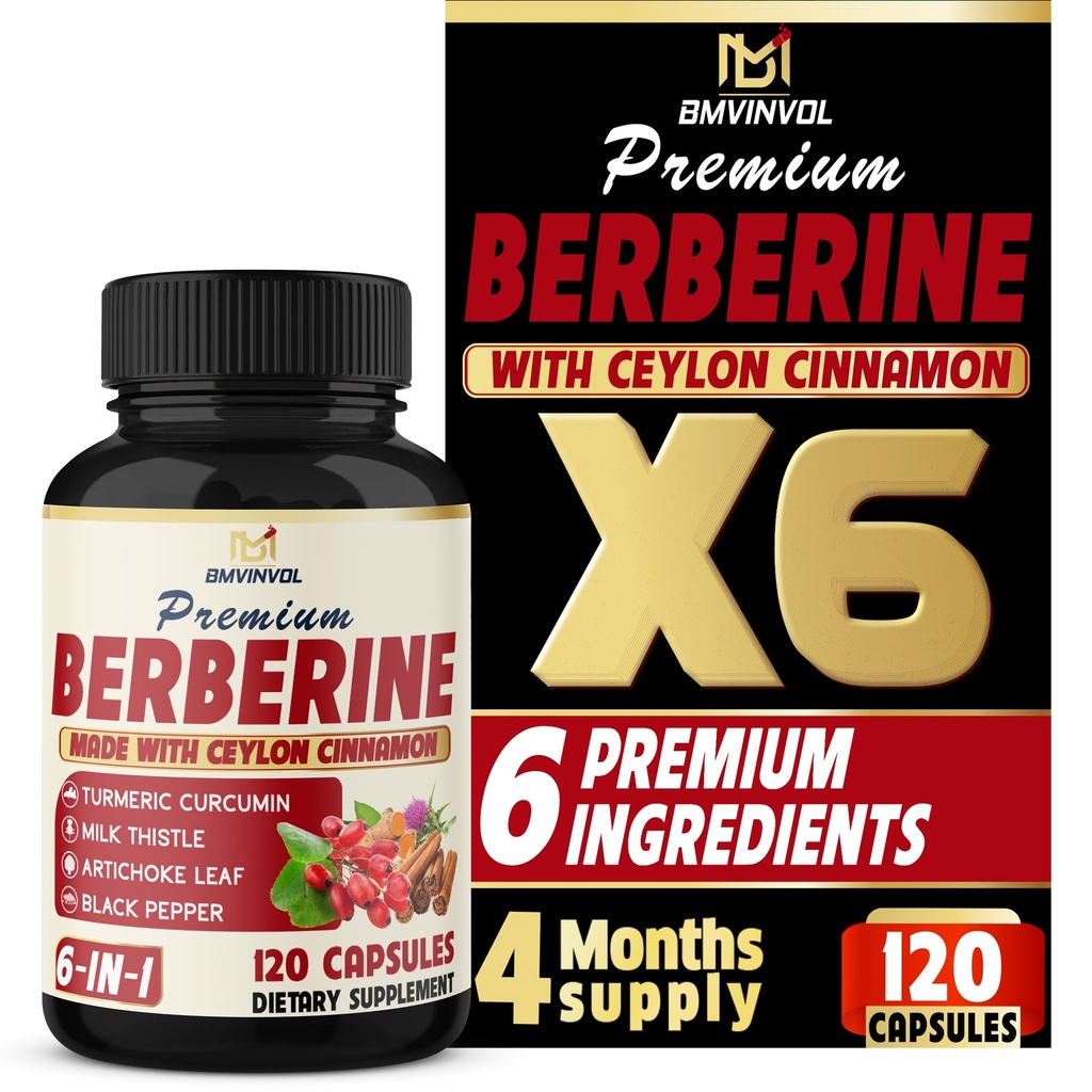 BMVINVOL 6in1 Berberine supplement met Ceylon kaneel, Tumerische wortel, melkdistel, Artichoke, Black Pepper -120 capsules voor 4 maanden levering