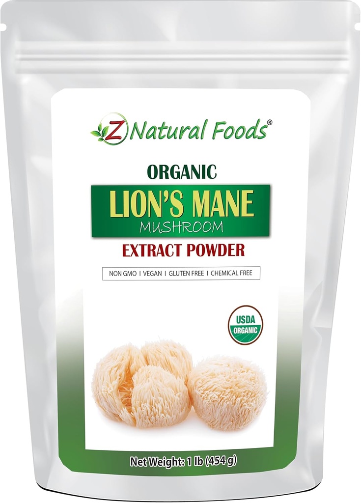 Z Natural Foods Biologische Leeuwen Paddestoelen Extract Poeder, Vitamine-Rich Superfood Poeder, Perfect voor Thee en Smoothies, Non-GMO, Vegan, Glutenvrij, Kosher, 1 lb.