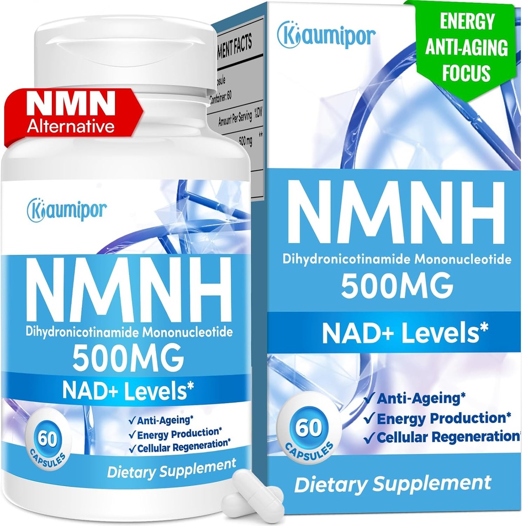 NMNH (Dihydronicotinamide Mononucleotide) NMN Alternative Supplement, 500 mg per portie NAD Supplement to Boost NAD+ Niveaus, voor Anti Veroudering, Energie, Immuniteit, Focus, 60 Vegan Capsules