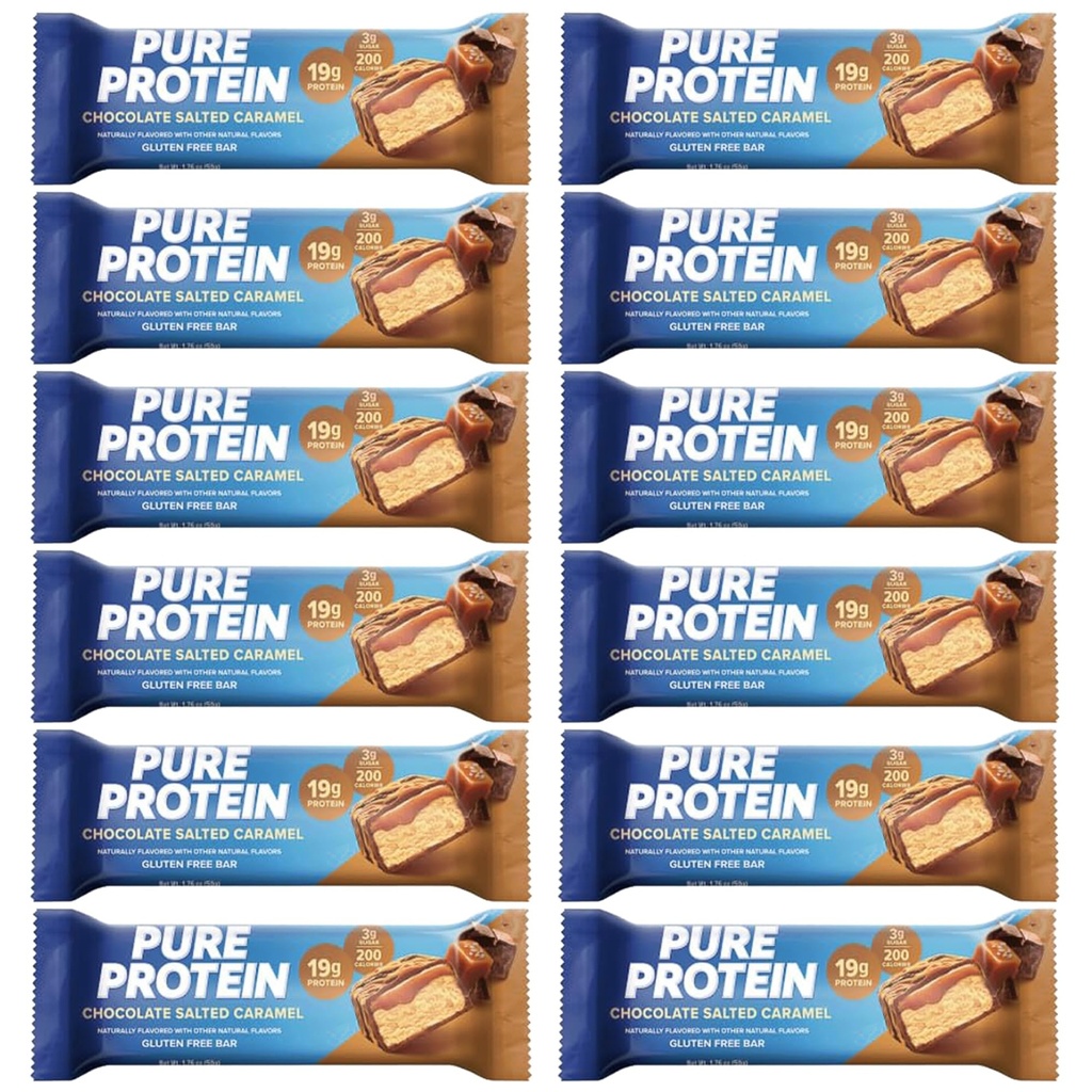 Pure Protein Bars, Hoge Proteïne, Nutrische Snacks om Energie te ondersteunen 1,75 oz Lage Suiker, Glutenvrij 12 Tellen Gezouten Chocolade Karamel