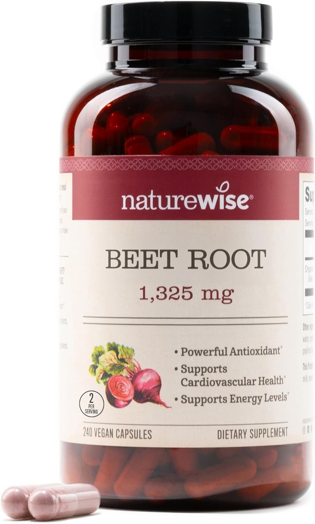 NatureWise Beet Root Capsules 1325mg avec de la betterave biologique - Booster d'oxyde nitrique pour la circulation et le soutien de la santé cardiaque - Vegan, sans gluten, non-OGM - 240 capsules[120 jours]