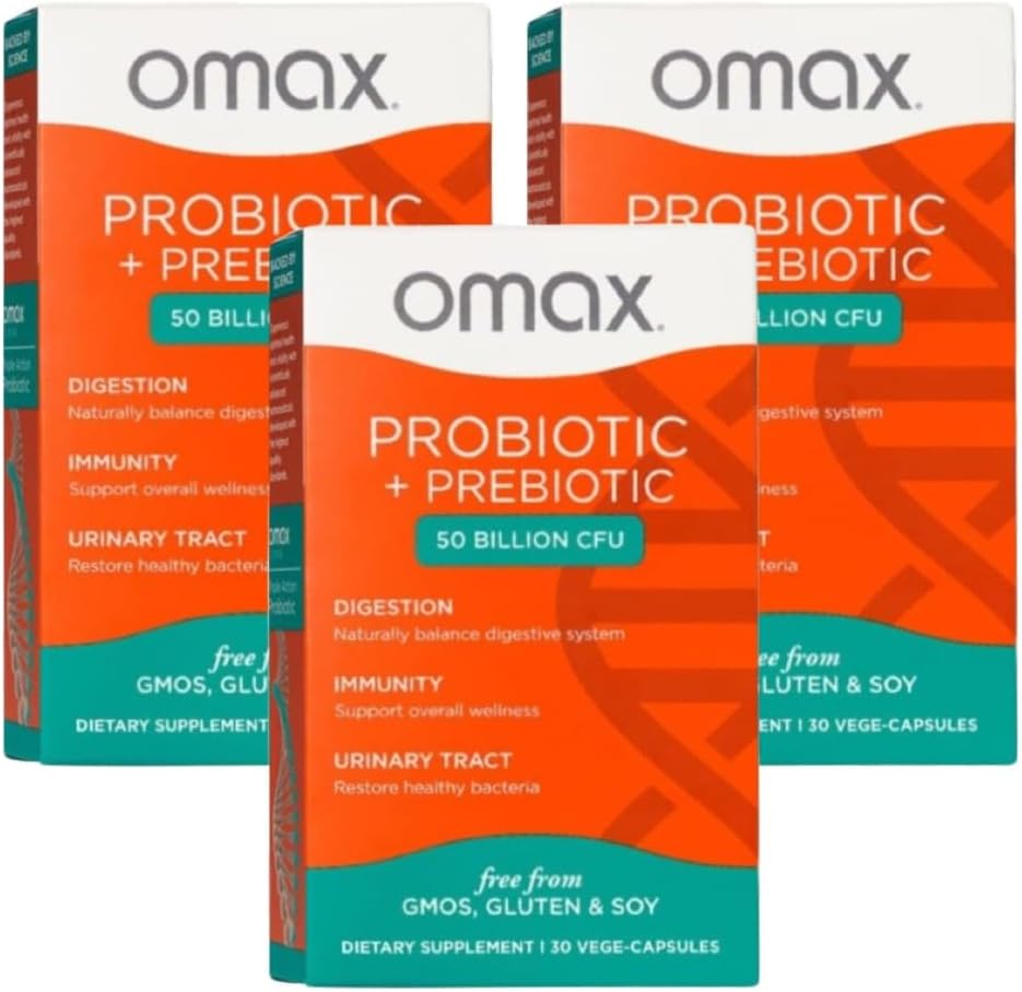 Omax3 Prebiotic & Probiotic 50 Miljard CFU + Chicory Inulin, 10 stamper, Verminder opgeblazen gevoel, spijsvertering, SIBO, Leaky Gut, Vaginale pH, Acidophilus, Vegan, Zuivelvrij, Glutenvrij, Blisterverpakking (2 verpakkingen)