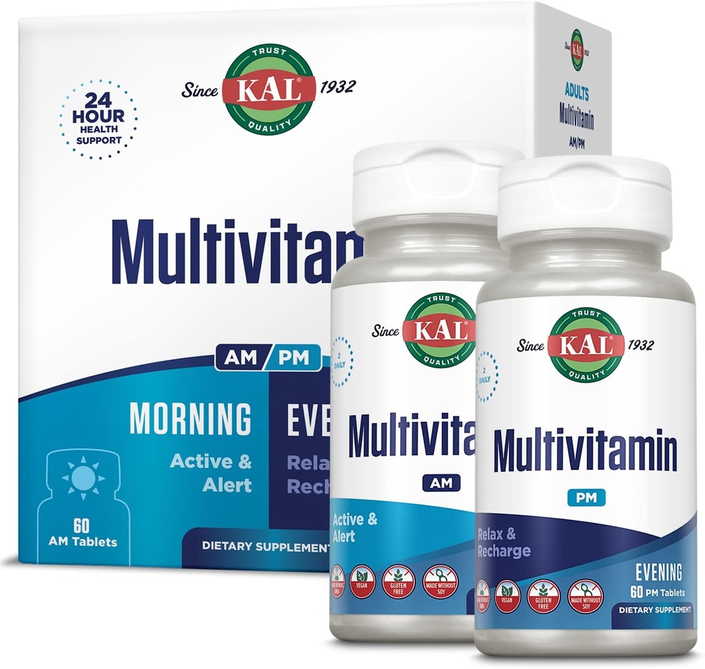 KAL Multivitamine AM/PM, 2-in-1 Vrouwen en Heren Multivitaminen Supplementen, Kurkuma, Tart Cherry, Biologische Matcha en Spirulina voor Immune, en Cellular Support, Glutenvrij, 30 porties, 120 tabletten