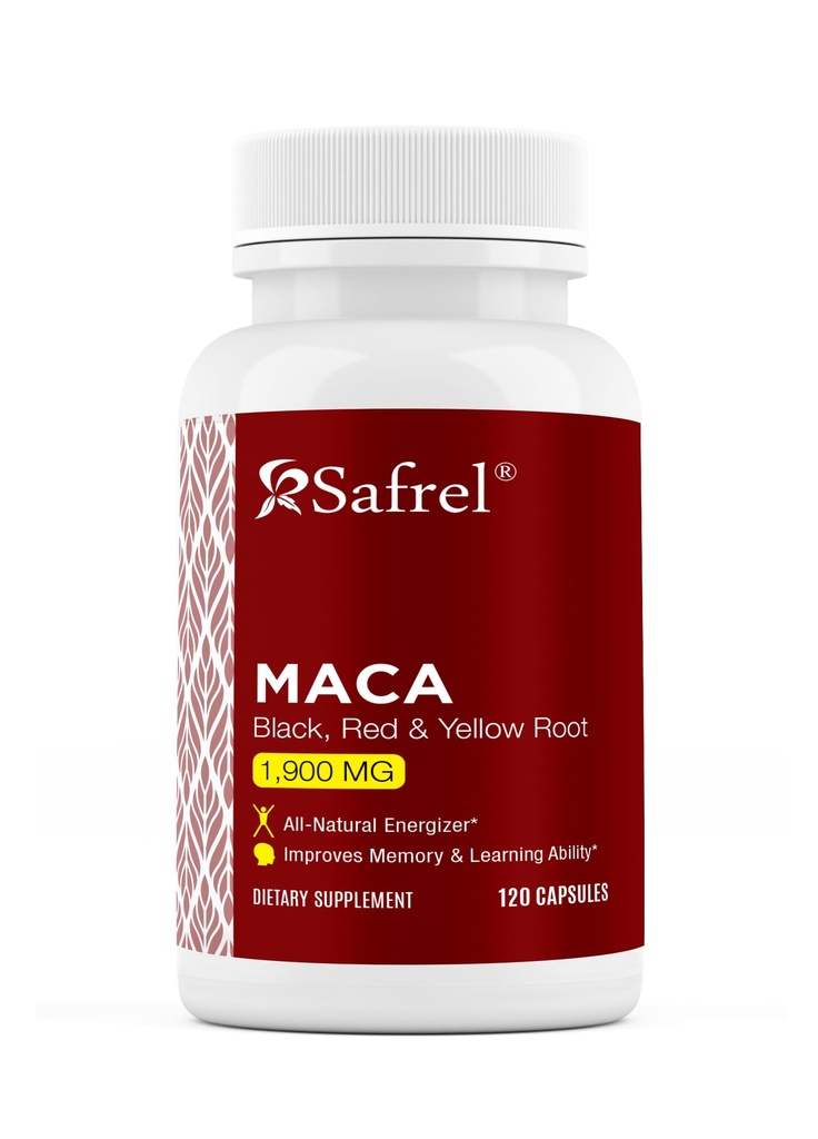 Safrel Organic Maca Root Black, Red, Yellow 1900 MG per Serving - 120 Vegan Capsules Peruvian Maca Root Gelatiniseerd 100% Pure Non-GMO Ondersteunt Reproductive Health Natural Energizer