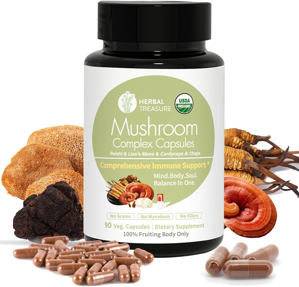 Kruidenschat 4 in 1 Paddestoel Complex Supplement, Adaptogenen met Lion's Mane, Reishi, Chaga en Cordyceps Paddomix, Biologische Paddestoel Supplement Extract 90 Caps