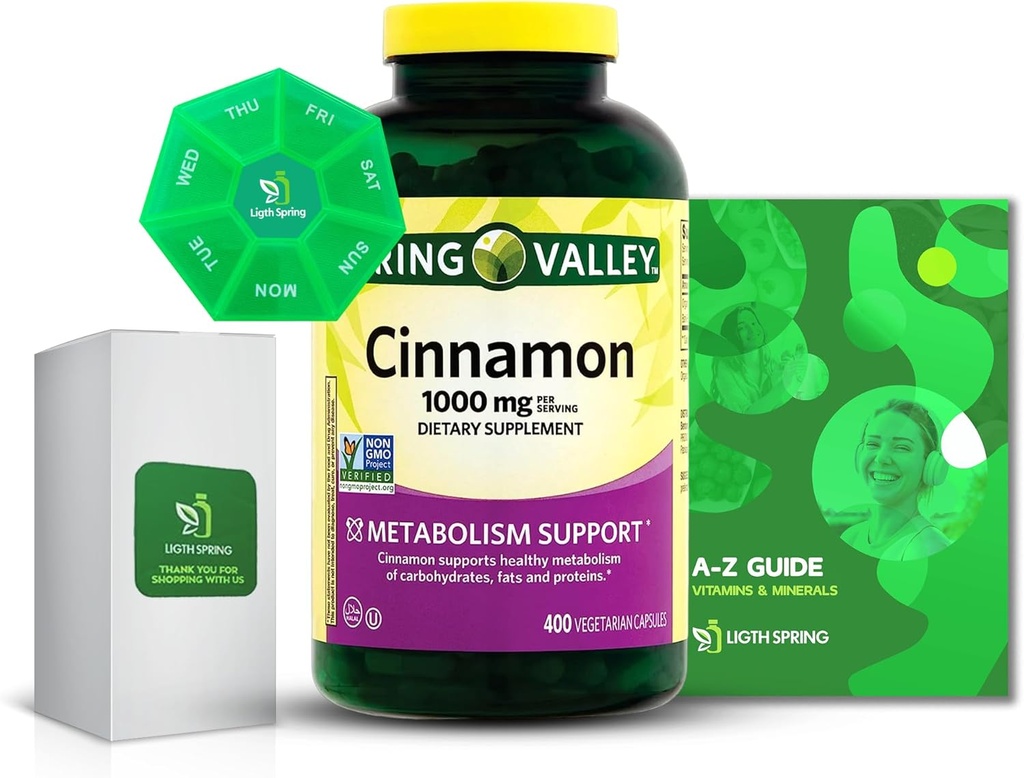 Cannelle 1000mg Dietary Supplément Capsules, 400 Compter avec Bundle Exclusive Better Ligth &Spring Guide