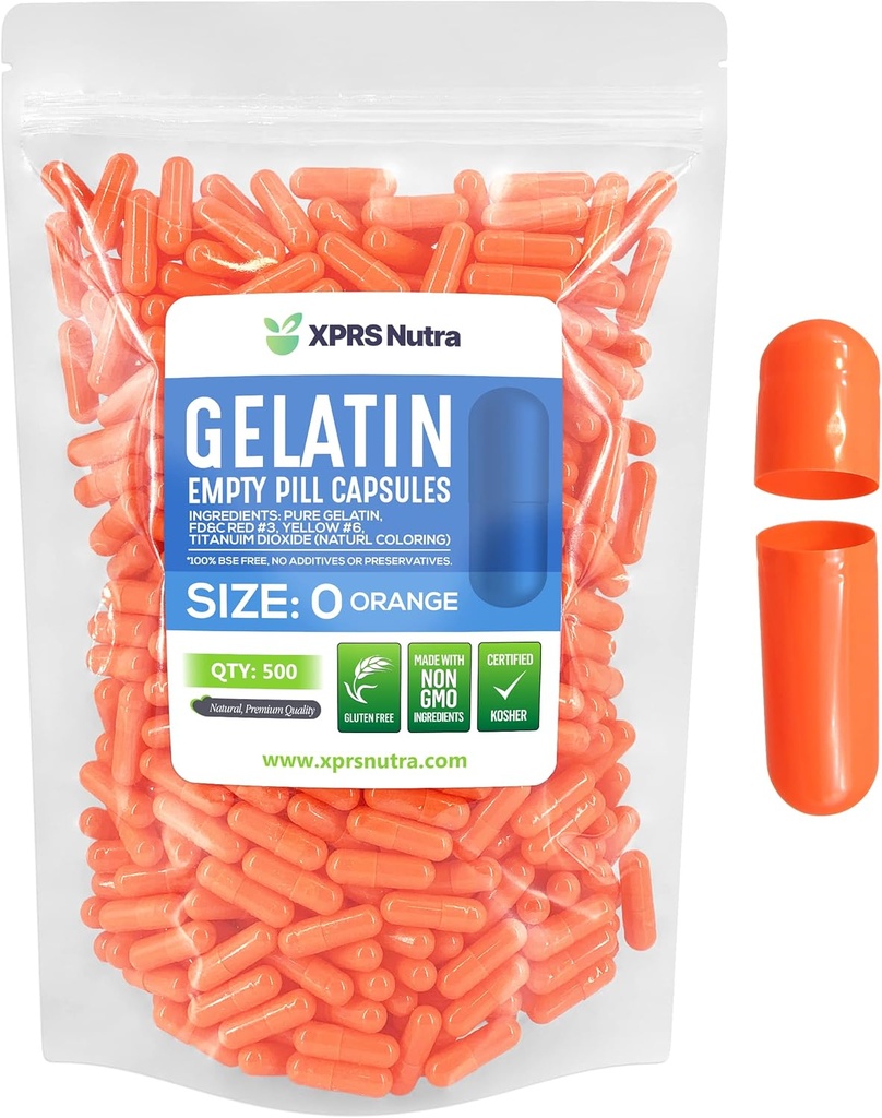 XPRS Nutra Formaat 0 Lege capsules - 500 Telle Lege Gelatine Capsules - Pillen DIY Capsule Vulling - Pure Bovine Pill Gel Caps for Do-It-Yourself Supplements (Orange)