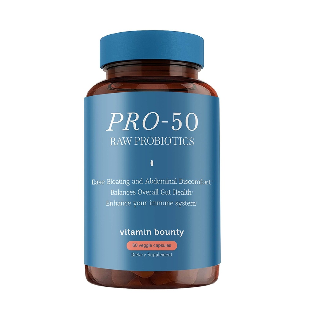 Vitamine Bounty Pro-50 Probiotiques 50 milliards UFC pour les femmes et les hommes - 13 Probiotiques multisouches + prébiotiques - Suppléments pour la santé digestive pour le soutien de la santé Gut - Capsules de libération différée pour les hommes et les femmes