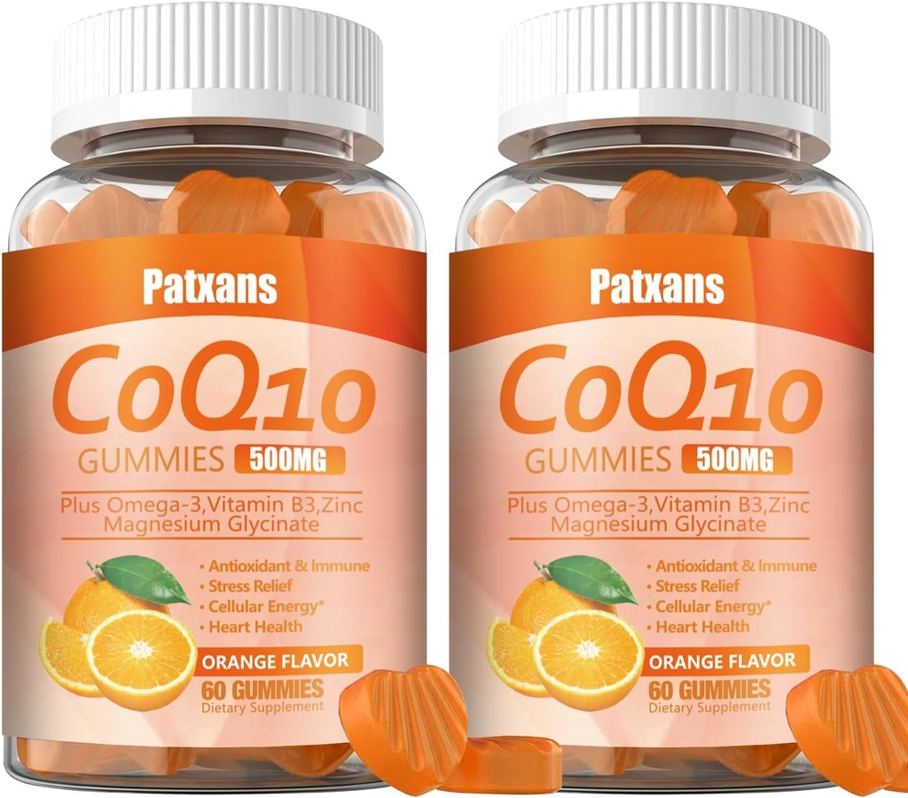 2 Packs 500MG CoQ10 Supplement Gummies, Omega-3, Magnesium, Vitamine B3, Zink, Ultra High Absorptie Biedt gezonde ondersteuning voor hart, celenergie en antioxidanten, 120Ct.