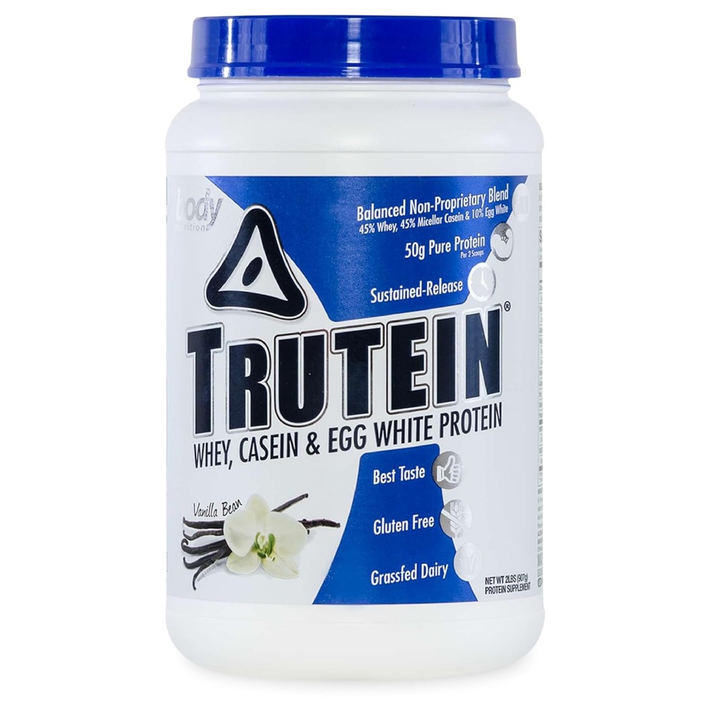 Body Nutrition Trutein High Protein Powder: 45% Wei, 45% Caseïne, 10% Egg White Protein Shake Mix, Glutenvrij, Low Sodium, Low Carb Proteïne Supplement Powder for Men & Women, Vanilla Bean, 2lb