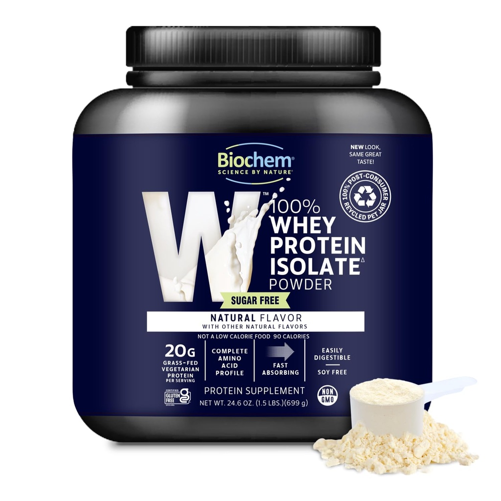 Biochem 100% Wei Isolaat Proteïne Poeder - Gras Fed, Low Carb, Keto-Friendly, Non-GMO, Gluten-Free - Ondersteunt Immune Health & Muscle Recovery 20g Vegetarisch Proteïne per Serving - Natuurlijke smaak, 1,5lb