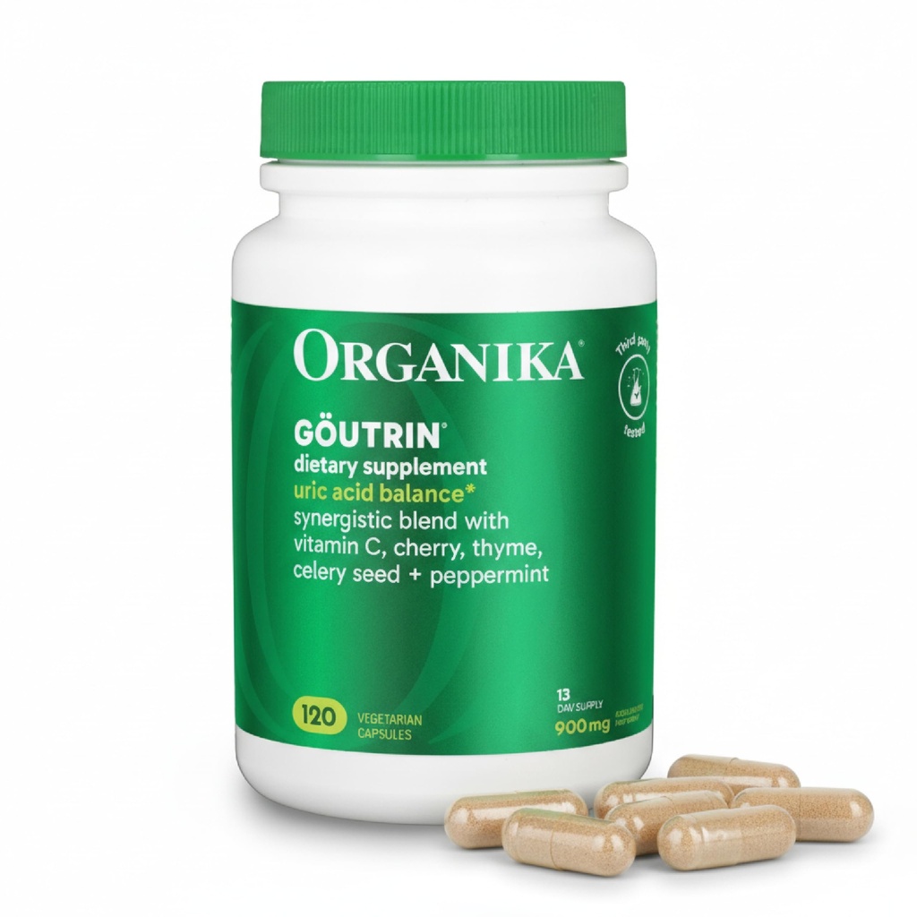 Organika Goutrin Uric Acid Flush for Gout (120 Caps): Gentle Gout Support avec cerise, thym, graines de céleri, menthe poivrée et VIT C: Des suppléments de gout propre et végétalien pour les hommes et les femmes - Métabolisme et mobilité