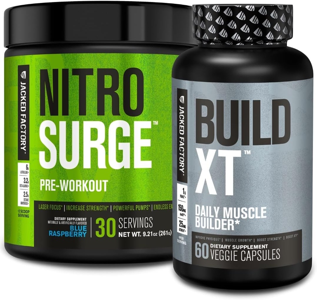 Ge Jacked Factory Nitrosurge Pre-workout in Blue Raspberry & Build XT Muscle Building Bundle for Men & Women