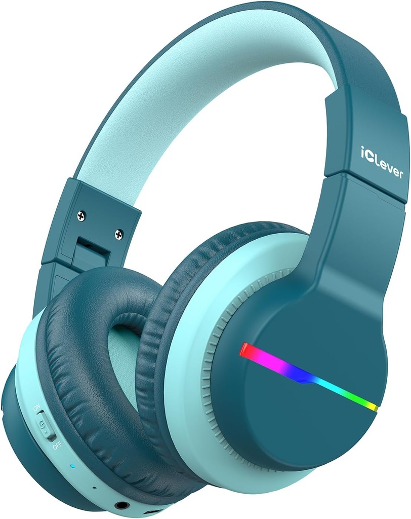 iClever BTH12 Kids Bluetooth Headphones,Kleurrijke LED-verlichting Draadloze Kids Headphones,74/85dBA Safe Volume,85H Playtime,Bluetooth 5.2,Over Oorhoofdtelefoons Ingebouwde Mic voor iPad/Tablet/Airplane,Green