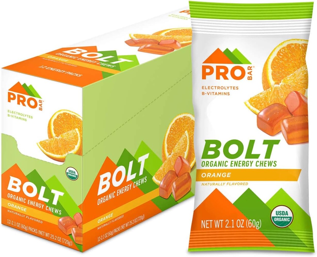 PROBAR - BOLT Biologische Energie Kauwen, Oranje, Niet-GMO, Glutenvrij, USDA Gecertificeerde Biologische, Gezonde, Natuurlijke Energie, Snelle Brandstof Gummies met Vitaminen B & C (12 Tel.)