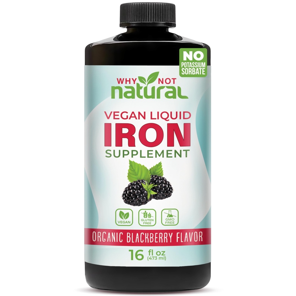 Pourquoi pas naturel supplément de fer liquide pour les femmes, les hommes et les enfants, formulation végétalienne pour l'anémie, sans sucre, végétalien, non-OGM, biologique BlackBerry Flavor 16 Fl Oz