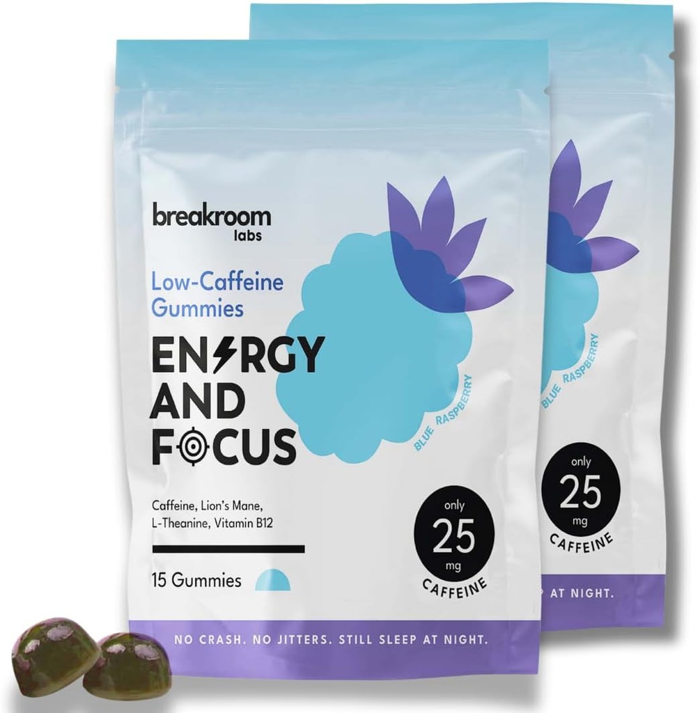 Breakroom Labs Energie en Focus Gummies Low Cafeine 25mg w/L-Theanine, Lions Mane, Vitamine B12 