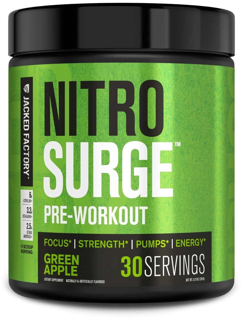 Supplément de pré-entraînement Jacked Factory NITROSURGE - Endless Energy, Instant Strength Gains, Clear Focus, Pompes Intenses - NO Booster & Powerful Preworkout Poudre d'énergie - 30 portions, pomme verte