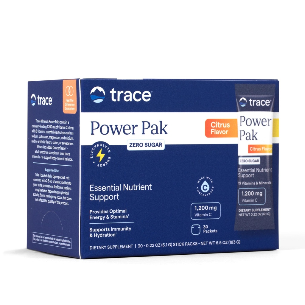 Trace Minerals Power Pak Multivitamine en Multimineral Packets - Electrolyte Ondersteuning - 1200 mg Vitamine C Plus 70 Suikervrij - Citrus smaak - 30 Packets