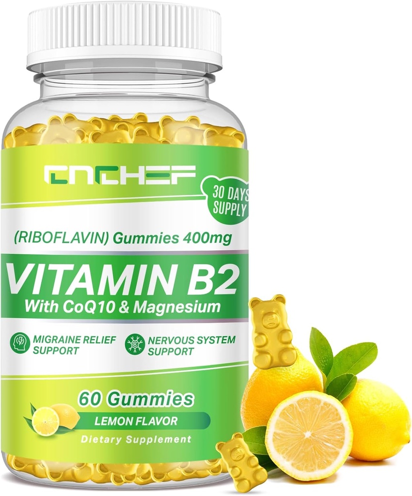 Vitamine B2 Gummies for Adults & Kids - Riboflavine 400mg Supplement with Magnesium Glycinate & CoQ10, Support Migraine Relief & Nervous System, Boost Energy, Sugar Free Vegan B2 Gummies Lemon Flavor