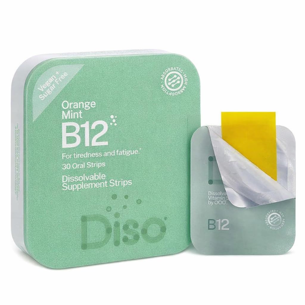 DISO - Vitamine B12 - snel oplossende orale stripjes, voor vermoeidheid en vermoeidheid, sinaasappelmuntsmaak, veganistisch, suikervrij, maximale absorptie, glutenvrij, individueel verpakt, 30 oplosbare stripjes