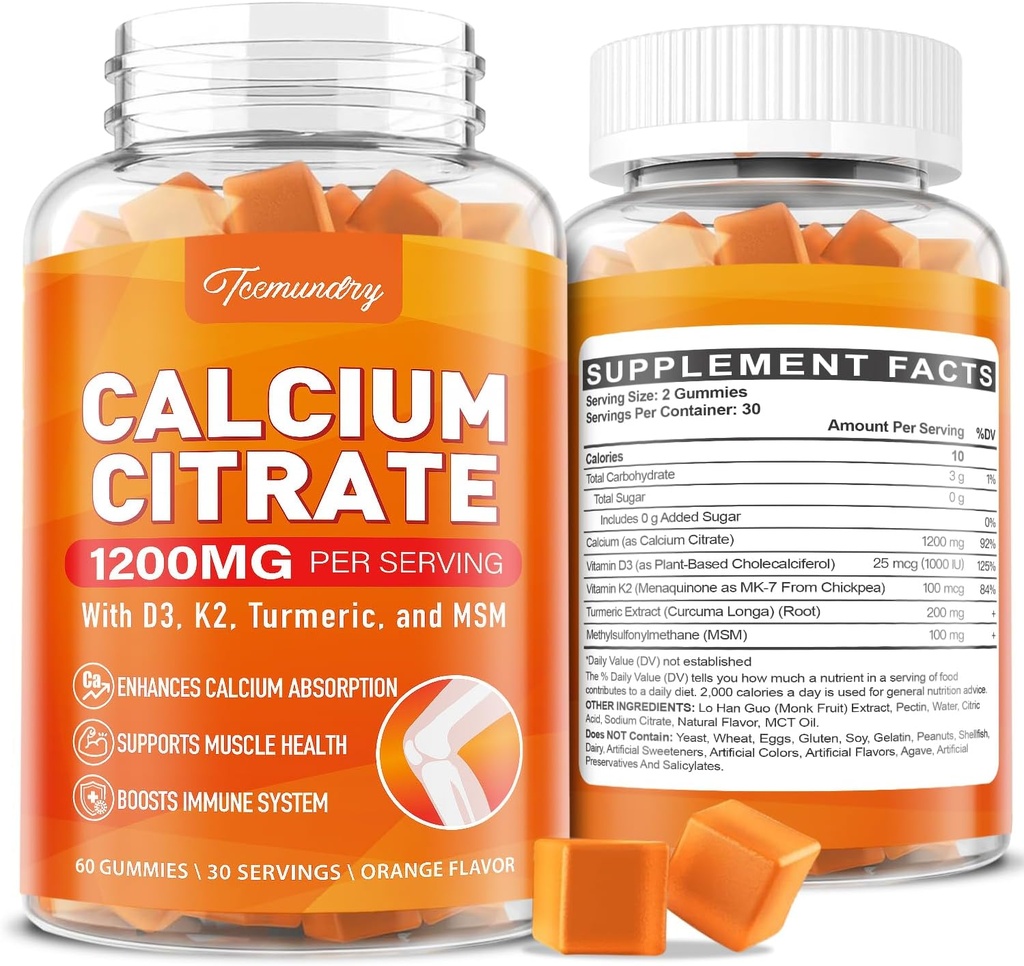 Calcium 1200 mg met vitamine D3 supplement Gummies voor volwassenen: Ultimate Absorptie Calcium citraat met vitamine D3 K2, Kurkuma extract, MSM voor vrouwen Mannen