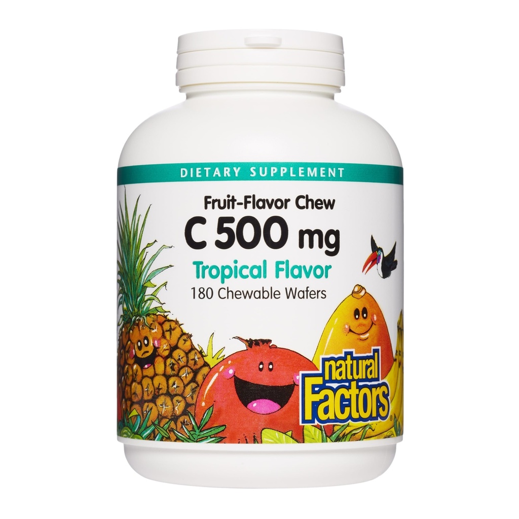 Natuurlijke factoren, Kauwbare vitamine C 500 mg, Ondersteunt Immune Health, Bones, Tanden en Gums, Tropisch, 180 Tellen (Pack of 1)