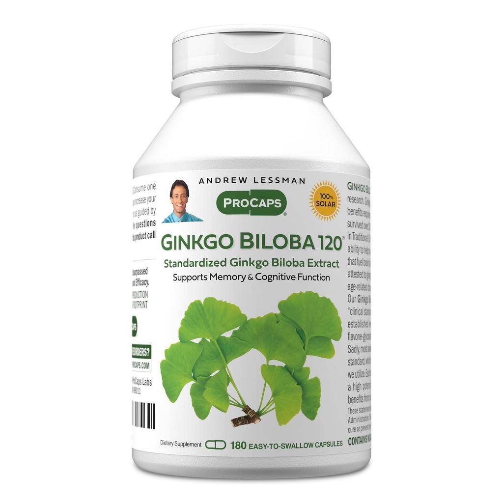 ANDREW LESSMAN Ginkgo Biloba 120mg - 180 Capsules - Extrait normalisé pour maintenir le débit d'oxygène et de nutriments pour alimenter le cerveau. Soutient le cerveau, la mémoire et la fonction cognitive. Aucun additif