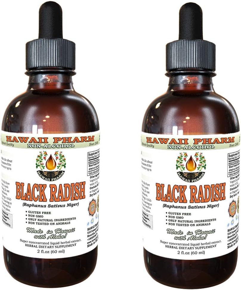 Hawaii Pharm Black Radish Extrait liquide sans alcool, Noir Radish (Raphanus Sativus Niger) Racine séchée Glycérite Supplément naturel à base de plantes 2x2 oz