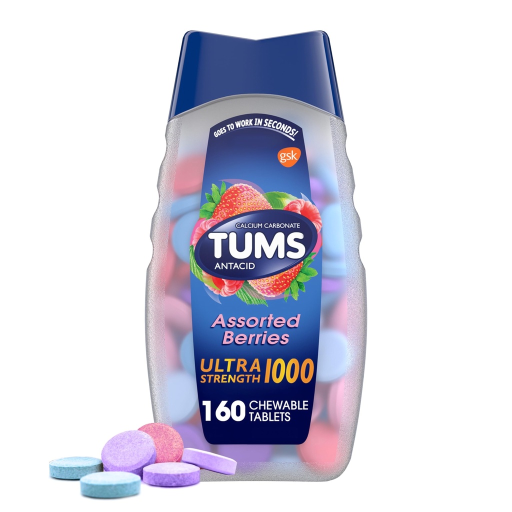 TUMS Ultra Strength Kauwbare Antacida tabletten voor brandend maagzuur en zuur Indigestie Verlichting, Diverse Bessen - 160 Tel.