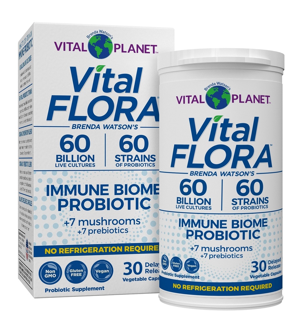 Vital Planet - Vital Flora Immune Support Probiotic, 60 miljard CFU, 60 Diverse Strains, 7 Biologische Paddestoel Supplement Mengen met Prebiotica, Plank Stabiele Digestieve Gezondheid Probiotica 30 Capsules