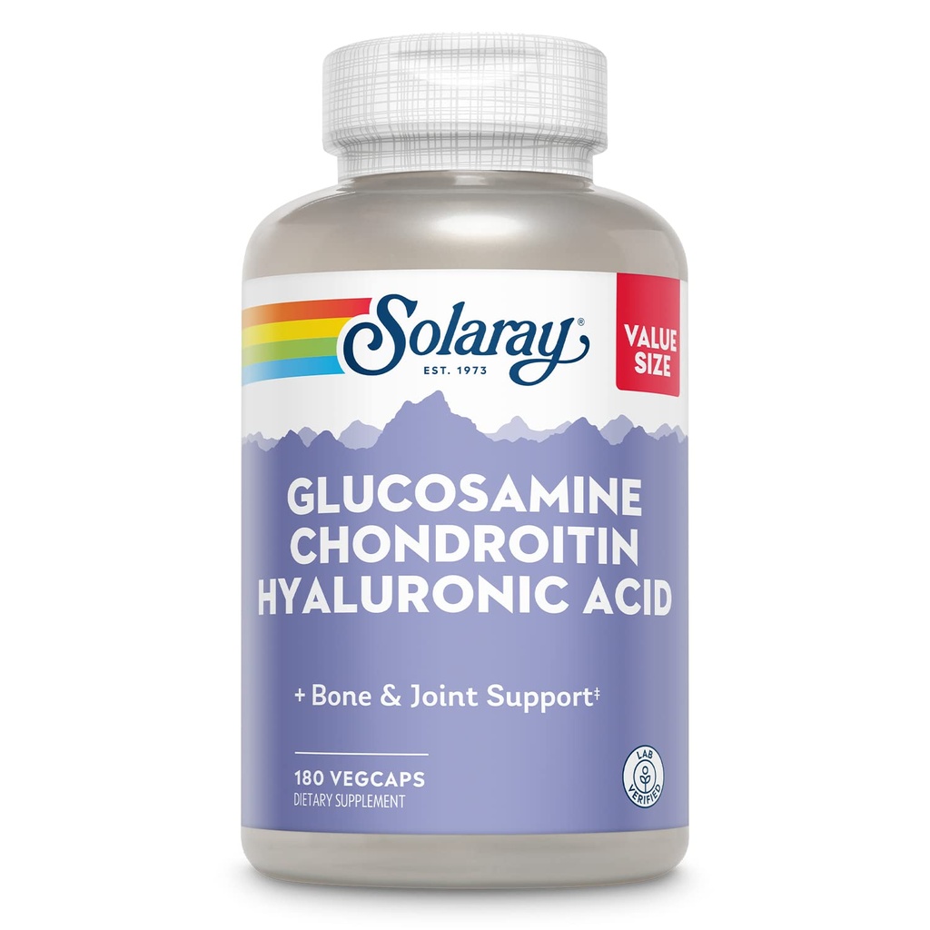 SOLARAY Glucosamine Chondroitin Hyaluronzuur, gezonde bot en gezamenlijke ondersteuning Supplement Plus Vitamine C voor verbeterde absorptie, Lab geverifieerd, 60-dagen garantie, 60 porties, 180 VegCaps