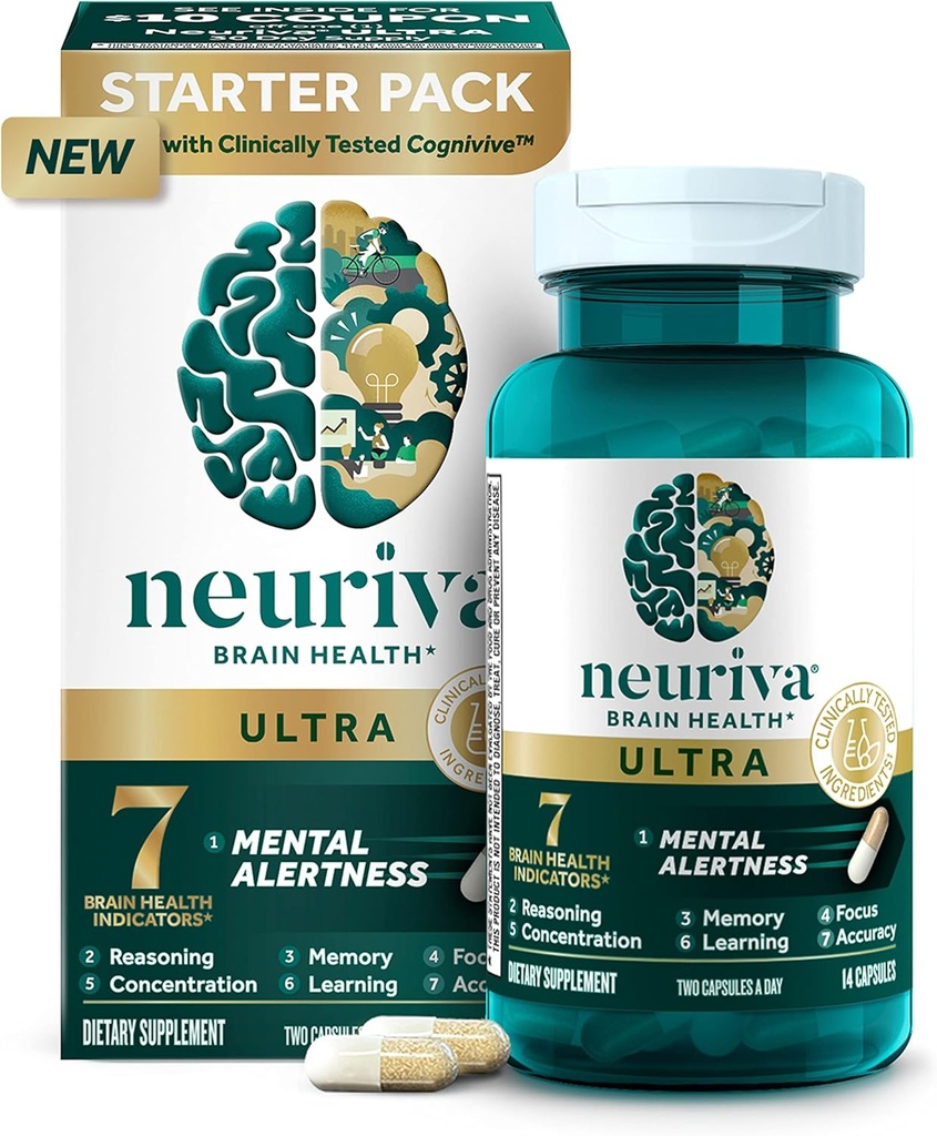 NEURIVA Supplément nootropique au cerveau testé cliniquement pour l'alerte mentale, la mémoire, le focus et la concentration,Cognivive,Neurofactor,Phosphatidylsérine,Vitamines B6 B12,14ct Capsules